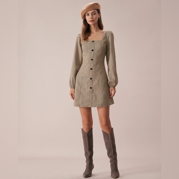 NWT RIHOAS The Khaki Square Neck Plaid Button Mini Dress Sz M, L. - Picture 1 of 7